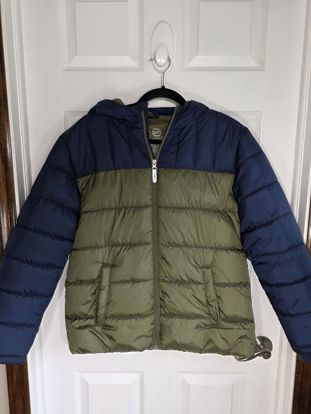 Wonder Nation Boy's Colorblock Quilted Puffer Jacket Olive & Navy Size XL 14/16